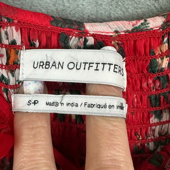 Urban Outfitters Dress Womens Small Red Floral Smocked Maxi Cottagecore Peasant - Picture 9 of 14
